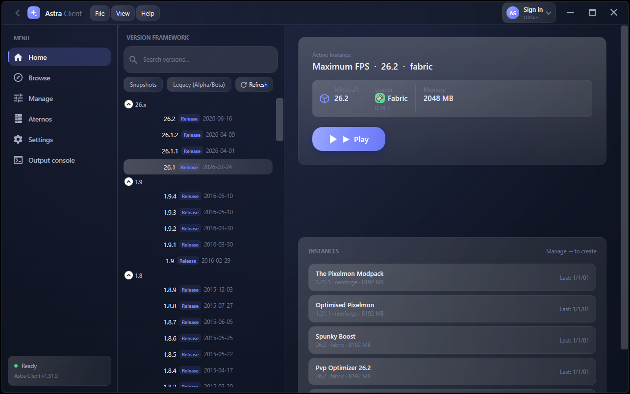 AstraClient Home view screenshot